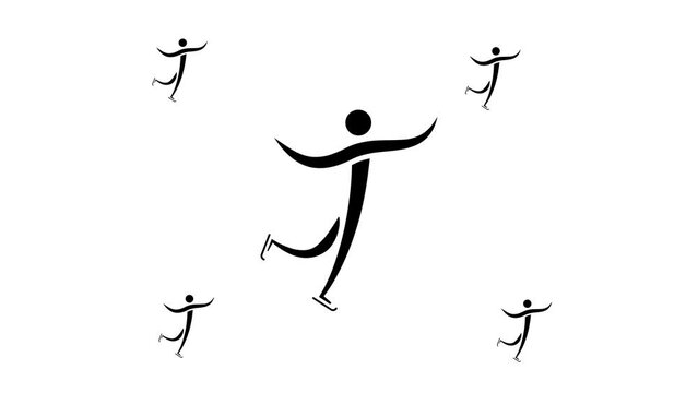 Zoom in and out animation the figure skating symbol. Large black symbol in the center and four small symbols around. Seamless looped 4k animation on white background