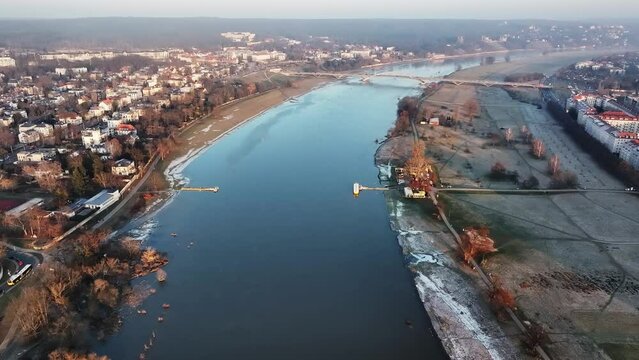Aerial flight over the Dresden Elbe in winter near Waldschlösschenbrücke. Drone move forward