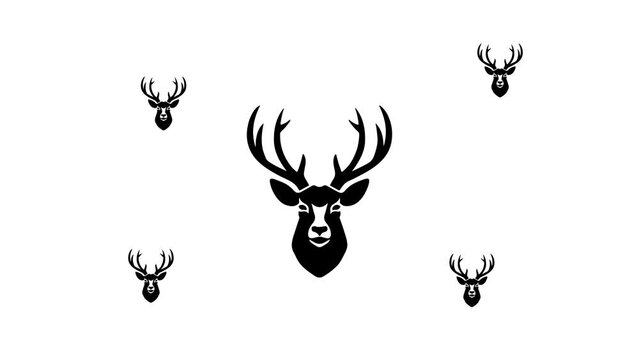 Zoom in and out animation the deer head symbol. Large black symbol in the center and four small symbols around. Seamless looped 4k animation on white background