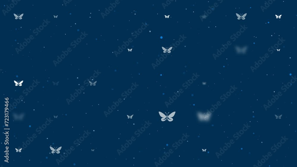 Poster template animation of evenly spaced butterfly symbols of different sizes and opacity. animation of t