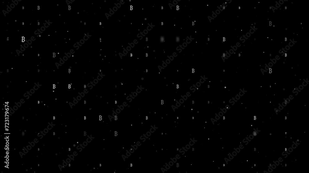 Poster template animation of evenly spaced bitcoin symbols of different sizes and opacity. animation of tra