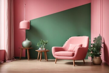 A room with a wooden floor, a green wall, and a pink modern armchairInterior mockup of a bright room, empty space for mockup