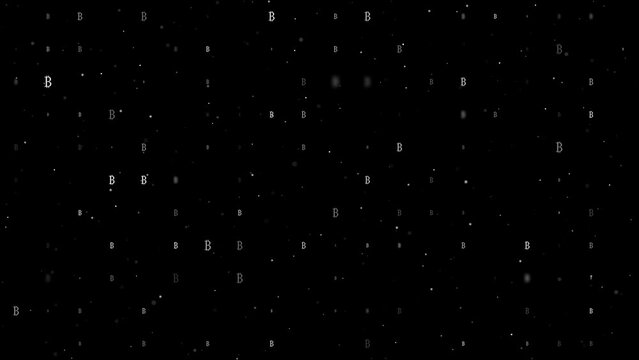 Template animation of evenly spaced bitcoin symbols of different sizes and opacity. Animation of transparency and size. Seamless looped 4k animation on black background with stars