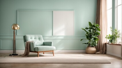 a room including a mint wall, an empty frame mockup, a wooden floor, and a modern white armchairInterior mockup of a bright room, empty space for mockup