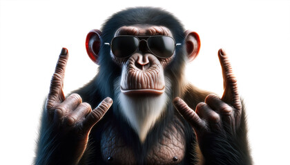 Monkey making expression rock symbol with hands up. Funny chimpanzee with glasses doing the heavy metal horns hand sign.