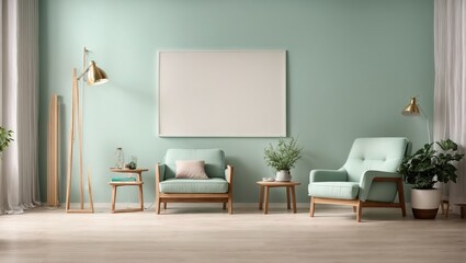 Room with mint wall with empty frame mockup and wooden floor with white modern armchair ,Bright room interior mockup, Empty room for mockup
