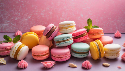 Fototapeta na wymiar Colorful macaroons pink background, sweet dessert.