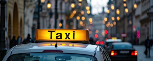 Amidst the bustling city streets, a bright yellow taxi flashes its illuminated sign atop its sleek car, beckoning passengers to embark on a journey through the urban landscape.
