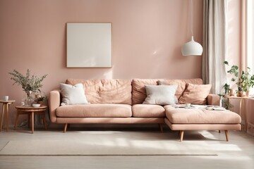Scandinavian style interior with sofa and coffe table, Empty wall mock up in minimalist interior with pastel colors