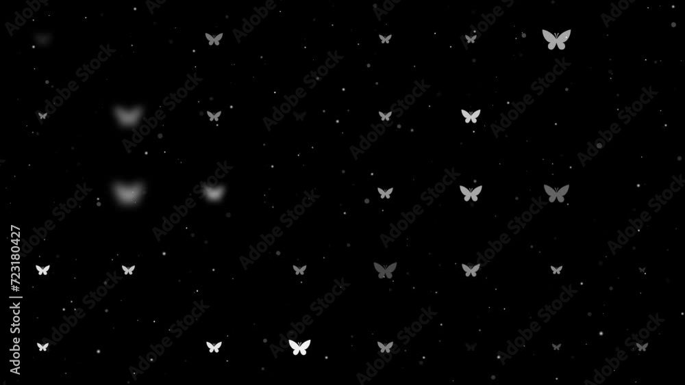 Poster template animation of evenly spaced butterfly symbols of different sizes and opacity. animation of t