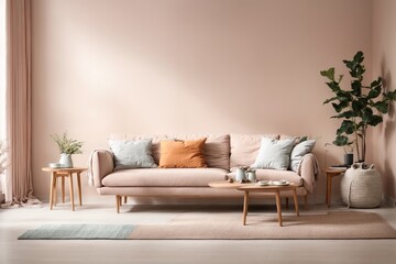 Scandinavian style interior with sofa and coffe table, Empty wall mock up in minimalist interior with pastel colors