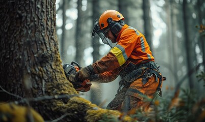 Action shots of lumberjack in orange suit and safety helmet cutting the trees with chainsaw in the amazing forrest.