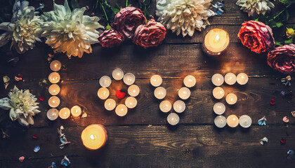 Obraz na płótnie Canvas love word written candles on a dark wooden background and flowers 