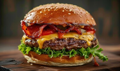 Freshly made tasty looking cheeseburger with beef meat.