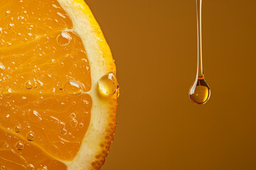 Amber drop of Vitamin C serum and a slice of orange. Oil with vitamin C flows down texture of the orange pulp, close-up, bright design for concept of the usefulness of products with Vitamin C