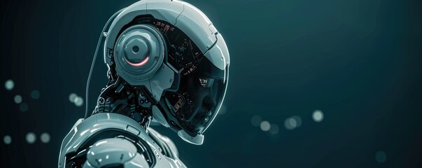 Side view of amazing humanoid head representing future technology and artificial intelligence with free space for your text. Artificial intelligence theme.