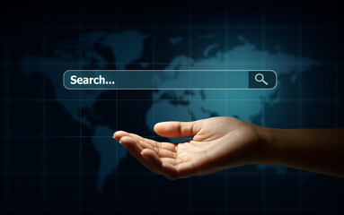 Man hand holding search box and loupe with technology background. Search browser internet data...