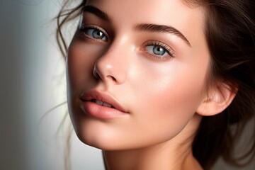 Obraz premium Portrait of a young woman with perfectly smooth skin on a gray background. Facebook building. Concept of cosmetology, skin care, plastic surgery.