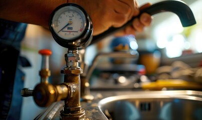 Plumber is checking water pressure with pressure gauge of leaky pipe in the boiler room during the afternoon. - obrazy, fototapety, plakaty