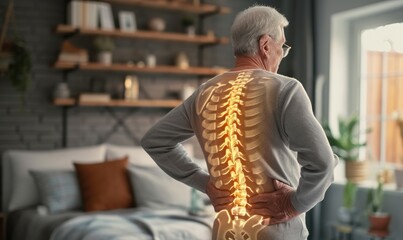 Highlighted spine of senior man with back pain at home. Photo with copy space. Back pain theme. - obrazy, fototapety, plakaty