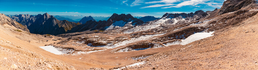 High resolution stitched alpine summer panorama at Schneeferner glacier, Zugspitzplatt, Mount...
