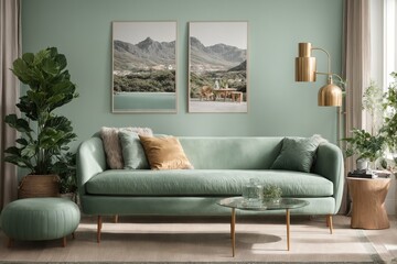 Stylish scandinavian living room interior with design mint sofa, furnitures, mock up poster map, plants, and elegant personal accessories