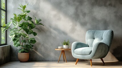 Scandinavian inspired living room featuring a serene light blue armchair and a rustic wooden table for cozy simplicity