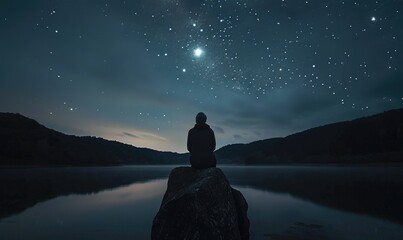 A person at the edge of the lake looks at the amazing night sky full of stars.