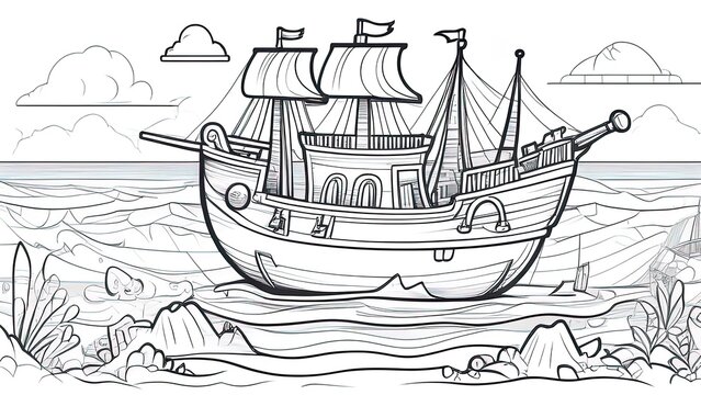 Pirate ship coloring book for children. Cartoon pirate ship. clip art illustration children book
