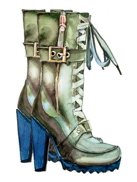 watercolor green boots with blue heels clip art preview