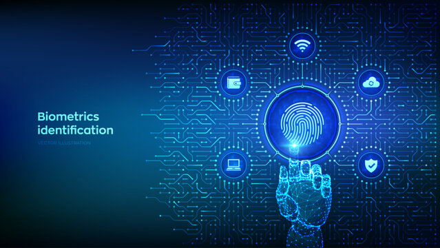 Fingerprint scanning. Biometrics identification. Personal Data protection. Cyber Security. Background with circuit board connections and tech icons. Wireframe hand pressing button. Vector Illustration
