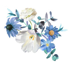 Watercolor hand painted blue flower arrangement illustration isolated on a white background. Indigo flower bouquet design. Winter peony composition design.