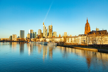 scenic skyline of Frankfurt am Main with reflection in the river, Germany