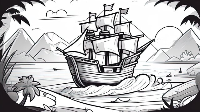 Pirate ship coloring book for children. Cartoon pirate ship. clip art illustration children book