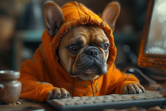 A fashionable bulldog works diligently on their next novel while sporting a cozy hoodie, showcasing their human-like intelligence and unique sense of style