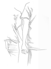 Watercolor romantic hands illustration. Silhouette of boy and girl in love holding hands line art on white background. Relashionship concept. Love themed poster.Wall art romance.