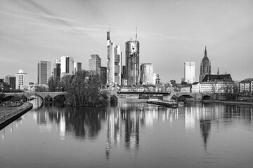 scenic skyline of Frankfurt am Main with reflection in the river, Germany