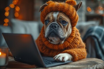 A tech-savvy canine cozily works on a laptop while sporting a fashionable hat and sweater, proving that pets can also be skilled multitaskers and fashion icons