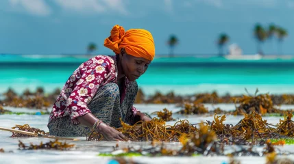 Fotobehang Women harvest the seaweed for soap, cosmetics and medicin on a sea plantation in traditional dress, island Zanzibar, Tanzania, East Africa © STORYTELLER