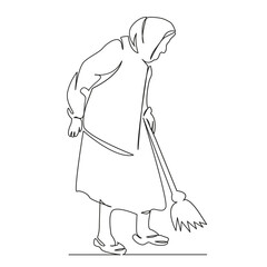 grandmother sweeps with a broom