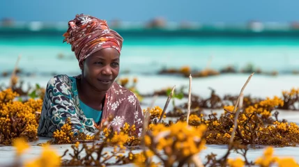 Deurstickers Women harvest the seaweed for soap, cosmetics and medicin on a sea plantation in traditional dress, island Zanzibar, Tanzania, East Africa © STORYTELLER