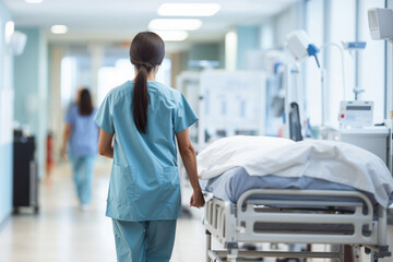 Nurse transporting gurney in hospital hallway. Generative AI image