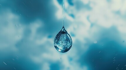 A solitary water droplet captured in sharp focus, suspended in mid-air with a diffuse blue sky and clouds in the background.