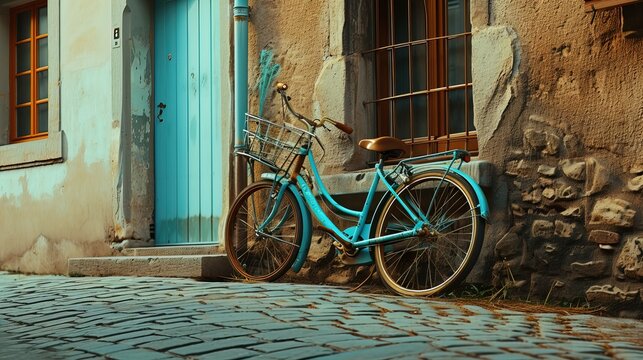 A classic turquoise bicycle with a basket, leaning against an old stone wall on a cobblestone path near a blue door.