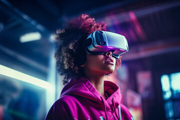 Generative AI image of Woman Engrossed in Virtual Reality Experience