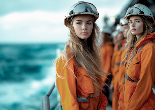 Women on an industrial platform at sea in safety clothing