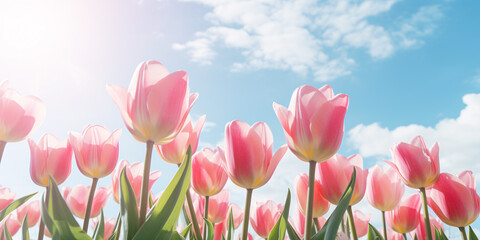 Beautiful light pink spring tulip flowers with blue sky in background
