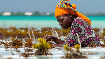 Women harvest the seaweed for soap, cosmetics and medicin on a sea plantation in traditional dress, island Zanzibar, Tanzania, East Africa - obrazy, fototapety, plakaty