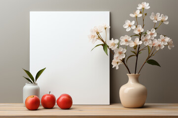 Generative AI illustration of blank white canvas next to a small vase with a green leaf and beige vase in flowers all arranged on wooden surface