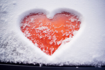 AI Generated Image of heart shape drawn on a snow cover of a car representing Valentine Day concept